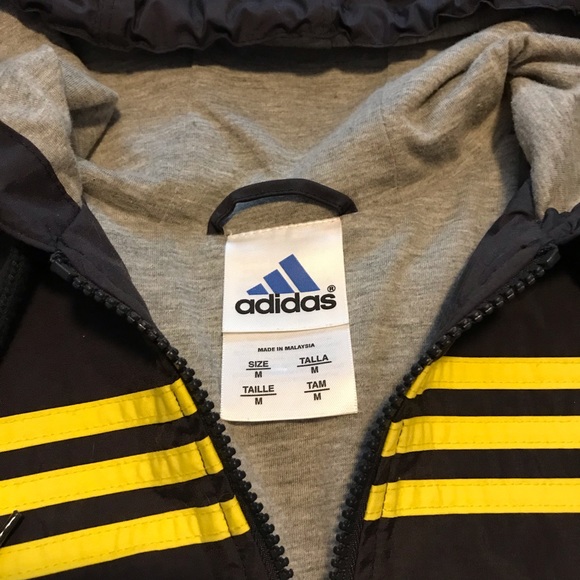 ADIDAS Black, Yellow Trim, Fabric Lined Full Zip Windbreaker Hooded Track Jacket - Picture 5 of 12
